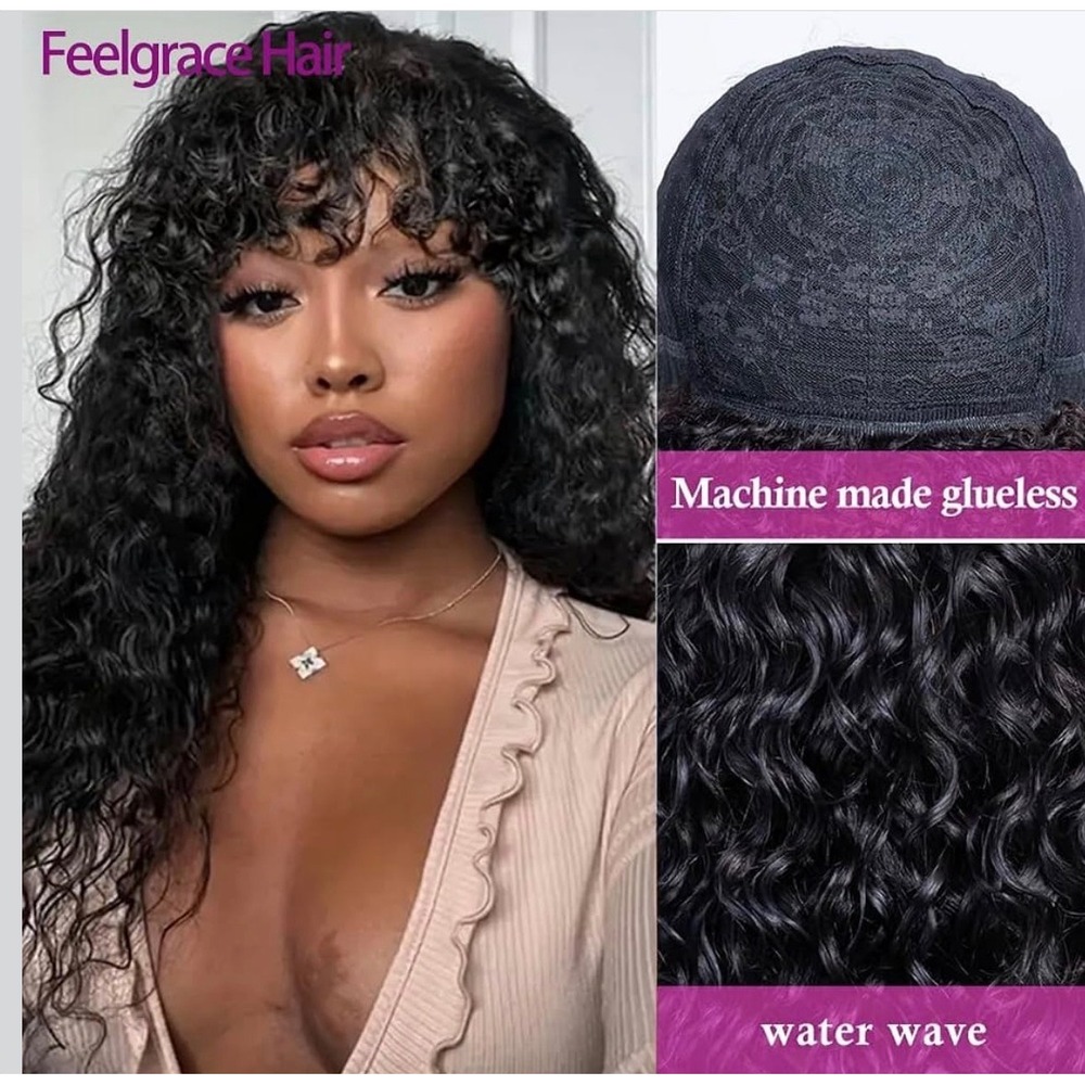 Feelgrace 16in Water Wave Wig with Bangs Brazilian Human Hair 180 Density Black